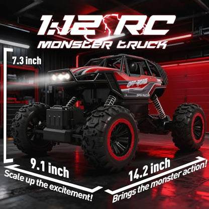 1:12 Large RC Monster Truck for Boys 8-12 with 2 Remote Batteries, 12 MPH Off-Road Remote Control Truck with Light, RC Car Toy Gift for Kids 8-12, 2 Rechargeable Car Batteries