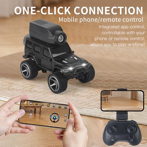 1:64 Alloy Mini RC Crawler with Camera, WiFi APP 2.4GHz (Black) | Alloy Body, 480P Camera & LED Lights. Dual Control: Phone APP or Remote. Gravity Sensing, Auto Demo & Cruise for Hobbyists - color: Black