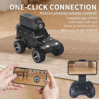 1:64 Alloy Mini RC Crawler with Camera, WiFi APP 2.4GHz (Black) | Alloy Body, 480P Camera & LED Lights. Dual Control: Phone APP or Remote. Gravity Sensing, Auto Demo & Cruise for Hobbyists - color: Black