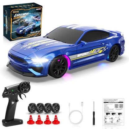 1/43 RC Drift Car, Mini Drifting RC Car with Gyro 2.4GHz Full Proportional Drift Cars 4WD RTR Remote Control Cars with Colorful Lights High Speed Fast Racing Vehicle Gift for Kids Boys Adults - color: Blue