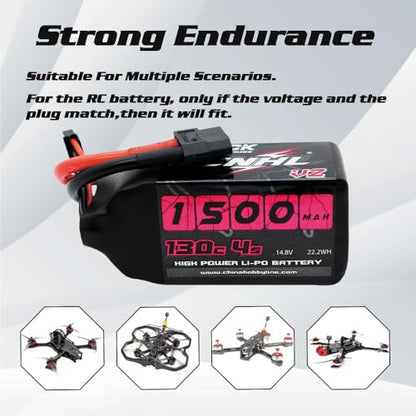 CNHL Black Series 1500mAh 4S Lipo Battery 14.8V 130C XT60 Plug (2 Packs) | Provides extended flight time with strong punch for 5-6 inch freestyle, racing FPV quads, and cine rigs.