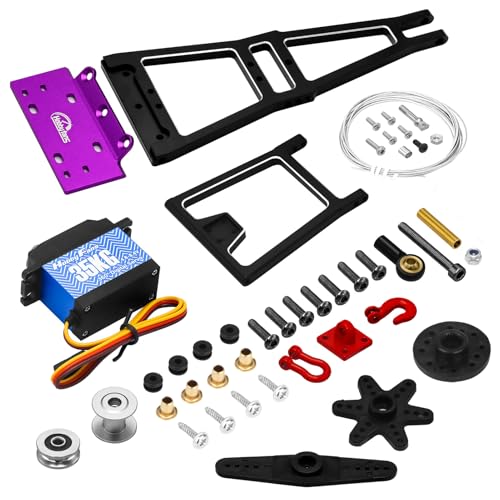 Aluminum RC Winch Double Stent Rescue Set Truck Tow Crane Arm Wrecker Kit with 360° 35KG Servo for 1/10 SCX10 TRX4 RC Crawler and Trailer RC Upgrade Parts - color: Black & Purple