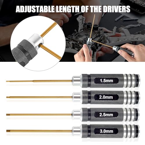 1.5mm 2.0mm 2.5mm 3.0mm Titanium Plated Ti Coated Hex Diver Set | 4PCS Hex Wrench Screwdriver Tools RC Tool Kit for RC Racing Drone, Quadcopter, Helicopter RC Car Models