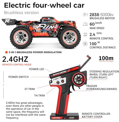 GoolRC WLtoys 184008 Brushless RC Cars for Adults, 60KM/H High Speed Remote Control Car, 4WD 1:18 Scale All Terrain Off Road Monster Truck, 2.4GHz RC Racing Car with 2 Batteries (Red) - color: Red