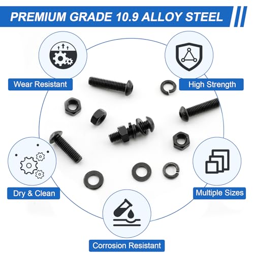 192Pcs UIETUIL M6 Hex Socket Button Head Screws Kit, M6x8-35mm, 10.9 | Machine Screws, M6x8/10/12/16/20/25/30/35mm, With Nuts & Washers, 10.9 Grade Alloy Steel Black Zinc Plated For 3D Printing - size: M6 Button 10.9 - 192PCS
