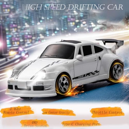 RC Drift Car, 1/64 Mini RC Remote Control Car, 2.4GHz Full Proportional RTR High Speed Micro Sports Racing Drift, 4WD HobbyFast Race Vehicle with Lights, Model Toys Gift for Kids, Boys, Adults - color: White