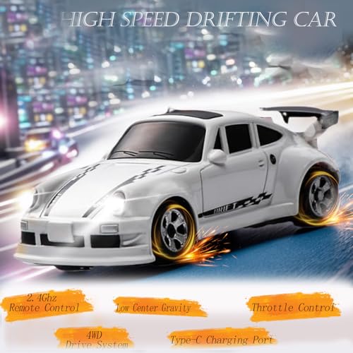 RC Drift Car, 1/64 Mini RC Remote Control Car, 2.4GHz Full Proportional RTR High Speed Micro Sports Racing Drift, 4WD HobbyFast Race Vehicle with Lights, Model Toys Gift for Kids, Boys, Adults - color: White
