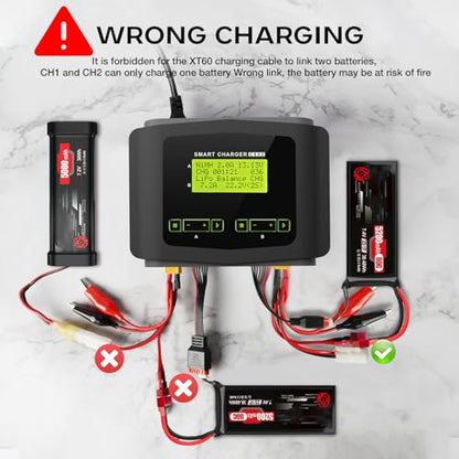 LiPo Battery Charger Dual 10A Fast Balance Charger Discharger for RC Car | Large Screen Battery Charger for 1-6S LiPo LiHV Li-ion LiFe 1-15S NiCD NiMH 2-20V PB Smart Batteries RC Car Aircraft Drone - color: Gray
