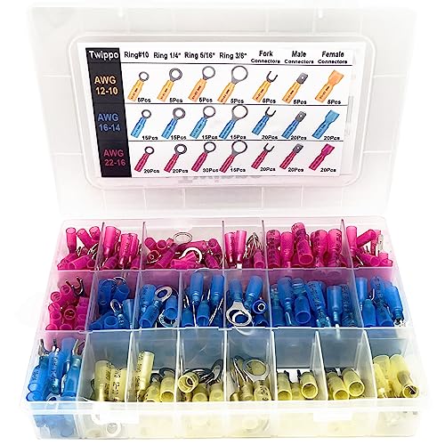300Pcs Waterproof Heat Shrink Wire Connectors Kit, Automotive Electrical Connector Terminals Kit, Fork Ring and Spade Connectors for Car and Boat (22-10AWG) - size: 300pcs-Assortment