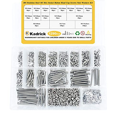 KADRICK 1290PCS Stainless Steel M3 Screw Aassortment Kit,Length 4mm to 40mm | 304 Stainless Steel,Hex Socket Button Head Screw Nut Washer Kit with Hex Wrench - size: SS M3 1290Pcs 4-40mm