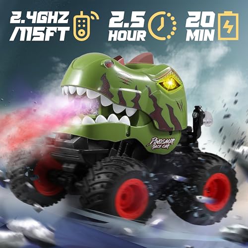 BEZGAR Monster Truck Toys - Remote Control Monster Truck with Spray, Light, Music, Dinosaur Toys for Kids, 1:20 Scale RC Truck with 360° Spins and Drifting, Remote Control Car for Boys 4-7 Camo Green - color: Camo Green