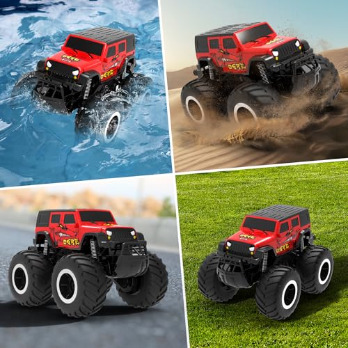 STEMTRON Amphibious Remote Control Car 1:16 All Terrain RC Monster Truck | 2.4GHz, 360° Spin, Double-Sided Water Driving, Pool & Beach Off-Road RC Car Toy, Gift for Kids - color: Red Suv, size: 1:16 Scale