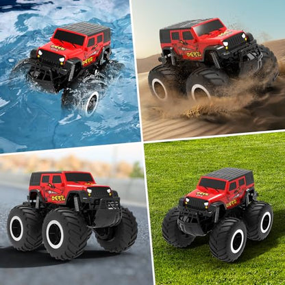 STEMTRON Amphibious Remote Control Car 1:16 All Terrain RC Monster Truck | 2.4GHz, 360° Spin, Double-Sided Water Driving, Pool & Beach Off-Road RC Car Toy, Gift for Kids - color: Red Suv, size: 1:16 Scale