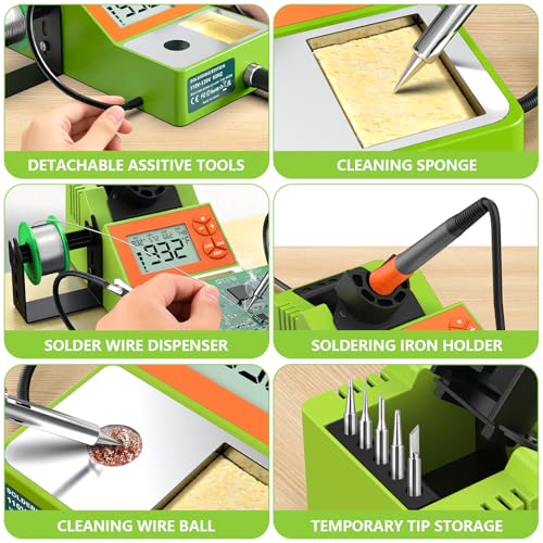Soldering Station, Digital Display Soldering Iron Station Kit with 2 Helping Hands, 356°F-932°F, Auto Sleep, °C/°F Conversion, Green - color: Green