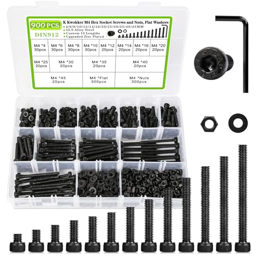 900PCS M4 Nuts and Bolts Assortment Kit 4mm-45mm, Upgraded Zinc Plated 12.9 Alloy Steel M4 Screw Assortment, Hex Socket Head Cap Machine Screws Bolts and Nuts Kit 4/6/8/10/12/14/16/20/25/30/35/40/45MM - size: A.M4