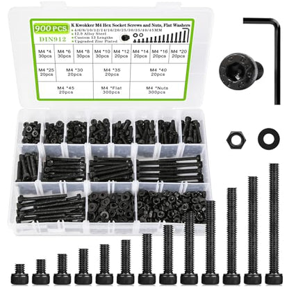 900PCS M4 Nuts and Bolts Assortment Kit 4mm-45mm, Upgraded Zinc Plated 12.9 Alloy Steel M4 Screw Assortment, Hex Socket Head Cap Machine Screws Bolts and Nuts Kit 4/6/8/10/12/14/16/20/25/30/35/40/45MM - size: A.M4