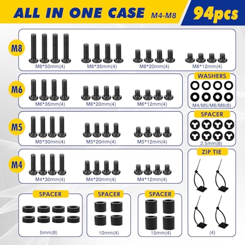 TV Mount Screws Kit 94PCS - M4 M5 M6 M8 Screws Assortment with Spacers and Zip Ties, Universal TV Mounting Hardware Kit for 32-80 Inch TVs and Monitors