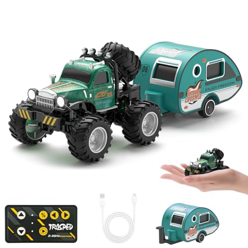 Snugzy Kids Mini RC Car 1:64 Scale RC Truck with Trailer 2.4Ghz Remote Control Rechargeable RC Cars Toy Gifts for Boys Girls (Green) - color: Green