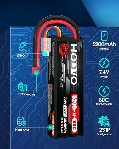 HOOVO 2S 7.4V 5200mAh 80C RC LiPo Battery Hard Case with T Connector 2 Pack | for RC Buggy Vehicles Car Boat Truck - style: 2S 5200mAh