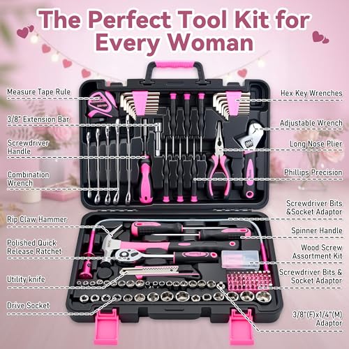 KOOPOOL 159 Piece Pink Tool Set, Tool Kit for Women, General Household pink tool kit for Home Auto Repair, Basic Mechanic Tool Box, with Storage Case - color: Pink