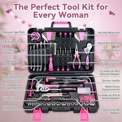 KOOPOOL 159 Piece Pink Tool Set, Tool Kit for Women, General Household pink tool kit for Home Auto Repair, Basic Mechanic Tool Box, with Storage Case - color: Pink
