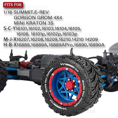 RC Truck Wheel and Tires for 1/16 SUMMIT E-REVO GORGON GROM MINI KRATON M-J-X H-B-X S-C-Y RC Car,Monster Truck Car Wheel Tires w/Plastic Wheels Rim,Soft Tire Highway Wheels (4PCS),Navy Blue Red - color: Navy Blue-red(rc Wheels Tires)