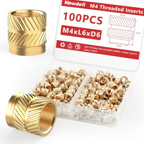 Newdeli 100pcs M4 Heat Set Inserts M4x6x6 Threaded Inserts for Plastic and 3D Printing Components Brass Metric Knurled Nuts Kit - size: M4x6x6 (100 pieces)