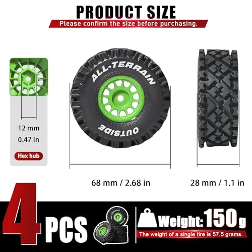 4PCS Pre-Glued 1/14 RC Tires and Wheels, 68×28mm All-Terrain Rubber Short Course Truck Tires with 12mm Hex Nylon Rims for ARRMA Mojave GROM, 1/14 1/18 RC Off-Road Trucks Green - color: Green