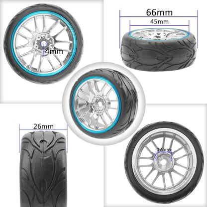 ShareGoo RC OD 2.59" Plastics 12mm Hex Wheels Rims & Rubber Tires Set 14-Spoke Compatible with Traxxas Tamiya Sakura HSP Kyosho WLtoys 1/10 RC On-Road Racing Touring Car (Blue) - color: Blue