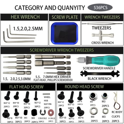 RC Car Repair Work Stand Repair Tool Set 360 Degree Rotation and 523 PCS RC Screws Kit & RC Screwdrivers and Screws Pallet Kit for 1/8 1/10 1/12 1/16 1/18 RC Car Truck Buggy Vehicle Scale Accessories
