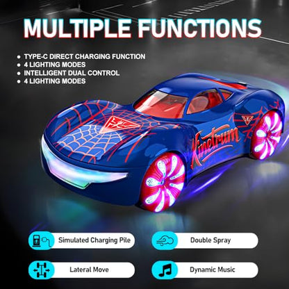 Remote Control Car, 2.4Ghz Spider-Themed 360° Spin, Sideways Movement, Dual Spray, Auto Demo, Adjustable Volume & LED Lights RC Cars for Boys Age 8-12 Gift for Girls Kids Birthday Christmas - color: Blue