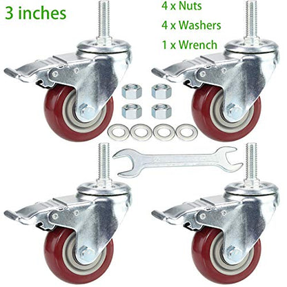 3 Inch Swivel Stem Casters Heavy Duty American Size UNC 1/2"-13x1-1/2 Stem Thread Wheels 360 Degree Durable Wheels Dual Safety Locks Castors with 600 Lbs Capacity Pack of Four - color: Red, size: 3 Inch