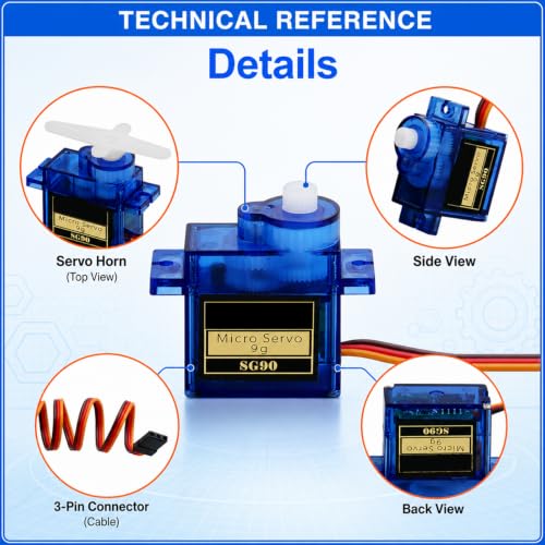 6-Pack SG90 9g Micro Servo Motor, Mini Analog, 180° | 180-degree control angle, 3-pin connector compatible with JR and Futaba, for RC car, plane, helicopter, robot arm