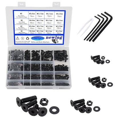 newlng M2 M3 M4 M5 Screws Assortment Kit 1065pcs Bolts and Nuts Washers Sets 10.9 Carbon Steel Metric Black Flat Head Socket Head Countersunk Head Machine Screw Bolt with Spanner for Home Industrial - size: L