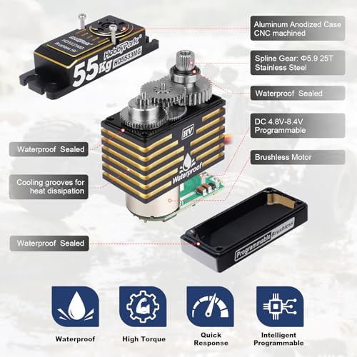 HobbyPark 759oz-in 55kg RC Servo High Torque Waterproof Steering Servo Metal Gear Stainless Steel Gears Aluminum Case for 1/7 1/8 1/10 RC Crawler Car Truck Buggy Programmable (Brushless Motor)