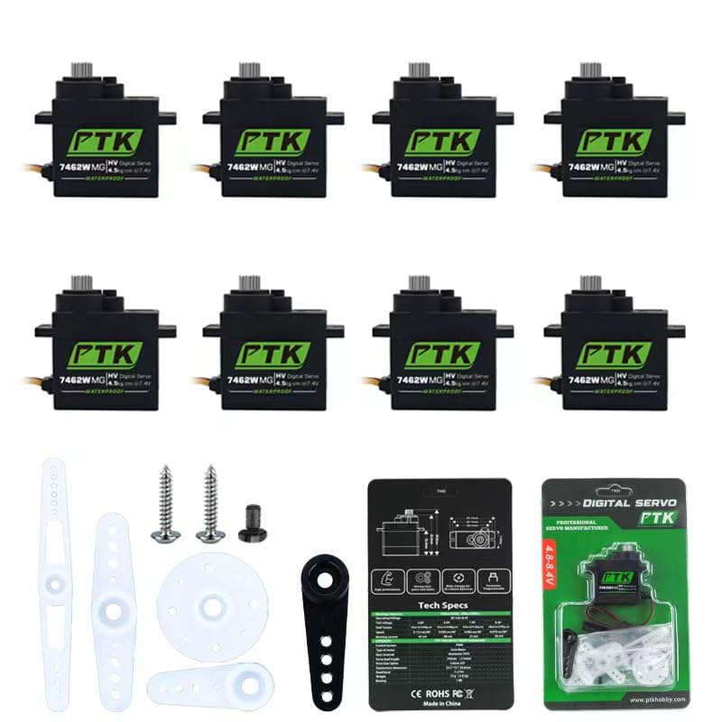 PTK 7462W MG 13g Waterproof Micro Digital Servo Metal Gear Core Motor 4.5kg Torque for SCX24 AX24 1/24 Crawler Cars Robots Fixed Wings Upgrade Parts 180 Degrees (8pcs) - style: PTK 7462W-8pcs