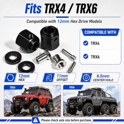 4PCS 12mm Hex Hub 11mm Offset Wheel Hex Extension for Traxxas TRX4 TRX6 | CNC Metal Wheel Spacer for RC Crawlers Helps Increase Track Width and Side-Hill Stability Reduce Vibration Add Tire Clearance - color: black