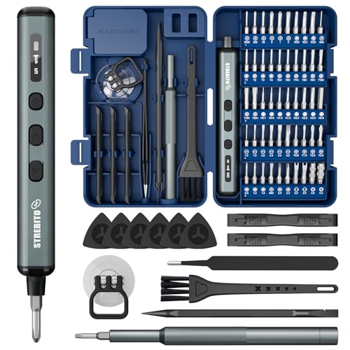 STREBITO Electric Screwdriver Set, 67 in 1 Electric Precision Screwdriver | 50 S2 Magnetic Bits, 5 Torque Settings, 4 LED Lights, Mini Electric Screwdriver Kit for PC Phone Laptop Camera Electronics - color: Upgraded Blue