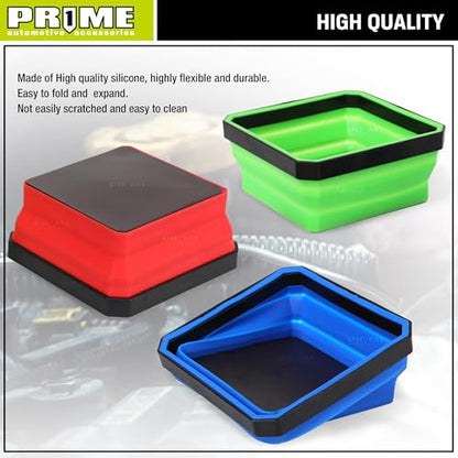 PR1ME Upgrade Collapsible Magnetic Parts Tray Set, 3 Pack, Foldable Magnetic Tool, 4.25 inch Square Silicone Bowls with Magnetic Base Stores and Organizes Small Parts and Tools - size: Upgrade Trays
