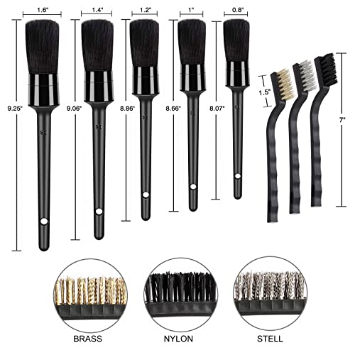HMPLL 9pcs Auto Car Detailing Brush Set Car Interior Cleaning Kit | Includes 5 Soft Detail Brush, 3 Wire Brush & 1 Vent Cleaning Brush for Cleaning Interior, Dashboard, Engines, Leather, Wheel - color: black