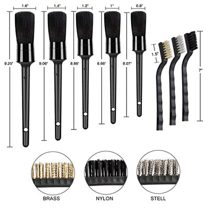 HMPLL 9pcs Auto Car Detailing Brush Set Car Interior Cleaning Kit | Includes 5 Soft Detail Brush, 3 Wire Brush & 1 Vent Cleaning Brush for Cleaning Interior, Dashboard, Engines, Leather, Wheel - color: black
