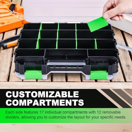 Tool Box with Transparent Lid, 2 Pack Hardware Organizer Box | Double Side 34 Compartments Hardware Organizers with Removable Plastic Dividers for Screws Nuts Nails, Small Parts Box - color: Green