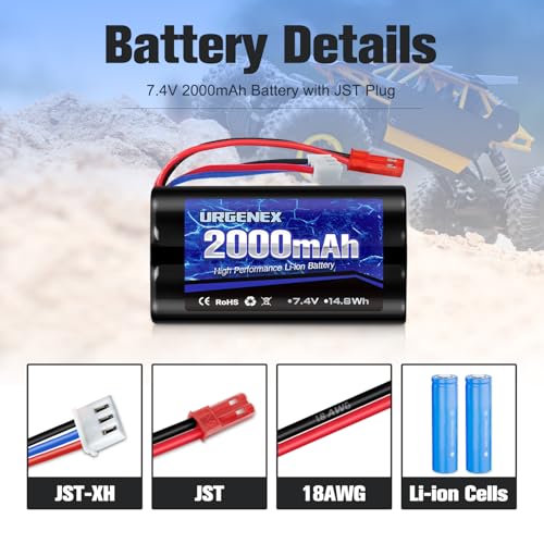 2000mAh 7.4 V Li-ion Battery with JST Plug 2S Rechargeable RC Battery with 1 to 2 USB Charger Fit for RC Helicopter Car Truck and RC Boats