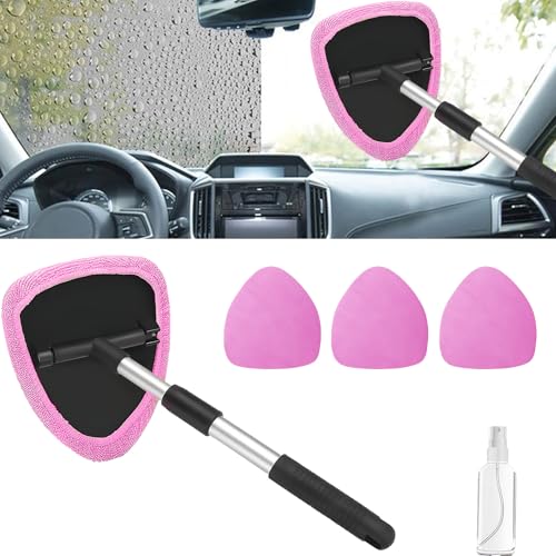 Windshield Cleaning Tool, Car Window Cleaner with Extendable Handle, 4 Microfiber Pads and Spray Bottle, Auto Interior Exterior Glass Wiper Cleaning Kit Universal for RV, SUV, Truck (Pink) - color: Pink