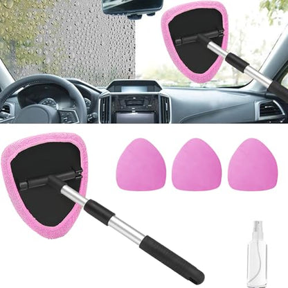 Windshield Cleaning Tool, Car Window Cleaner with Extendable Handle, 4 Microfiber Pads and Spray Bottle, Auto Interior Exterior Glass Wiper Cleaning Kit Universal for RV, SUV, Truck (Pink) - color: Pink