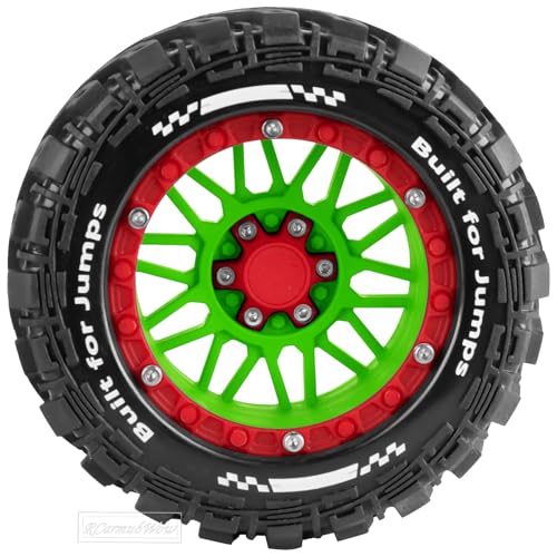 RC Wheels and Tires for 1/16 Scale,RCarmubWow Plastic Rim Rubber Tires for 1/16 Summit E-Revo Gorgon Grom,Mini Kraton 3S, M-J-X16207-16210, H-B-X16889 16890,S-C-Y16101-16106 RC Truck,Green&Red - color: Green W/Red(4pcs)