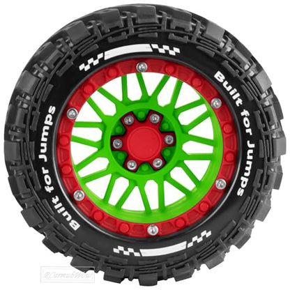 RC Wheels and Tires for 1/16 Scale,RCarmubWow Plastic Rim Rubber Tires for 1/16 Summit E-Revo Gorgon Grom,Mini Kraton 3S, M-J-X16207-16210, H-B-X16889 16890,S-C-Y16101-16106 RC Truck,Green&Red - color: Green W/Red(4pcs)