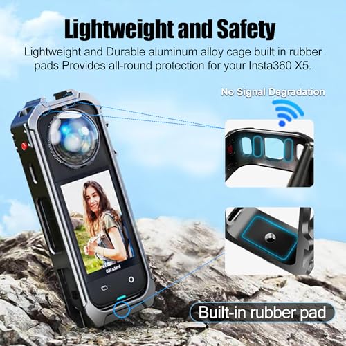 Camera Case Cage with Silicone Lens Cover for Insta360 X5 | Aluminum Alloy Protective Case with 1/4" Threads, Utility Frame Built-in 2 Cold Shoe for Microphone and Led Video Light