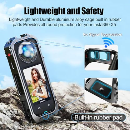 Camera Case Cage with Silicone Lens Cover for Insta360 X5 | Aluminum Alloy Protective Case with 1/4" Threads, Utility Frame Built-in 2 Cold Shoe for Microphone and Led Video Light