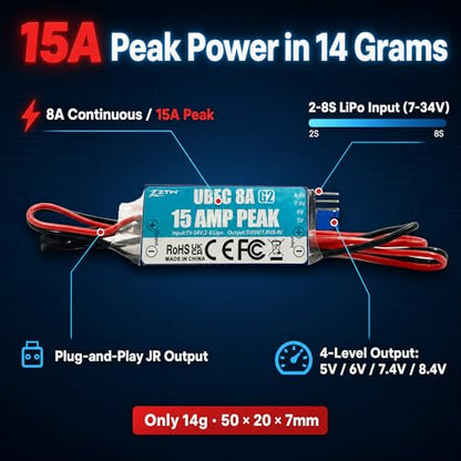 ZTW UBEC 8A G2 External BEC 2-8S LiPo (7-34V) 15A Peak Adjustable Output 5.0V/6.0V/7.4V/8.4V for RC Airplane Helicopter FPV Car Boat